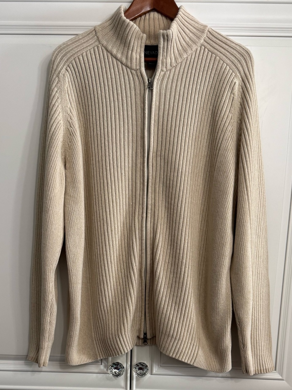 VTG Nevada Cream Ribbed Full Zip Knit Cardigan Sweater Mock Neck 100% Cotton XL